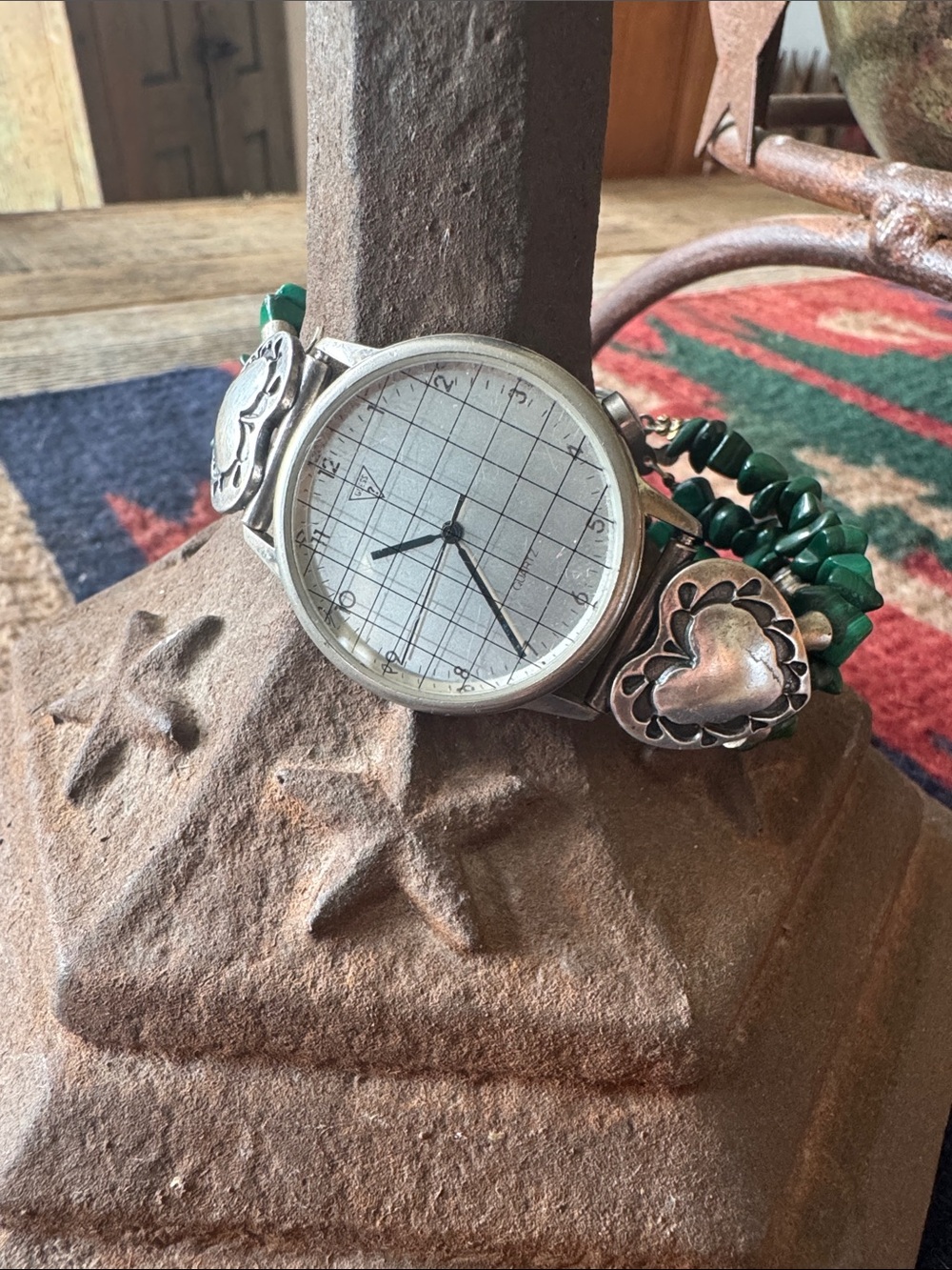 Guess Sterling Silver Heart with 3-Strand Silver/Green Beads Watch